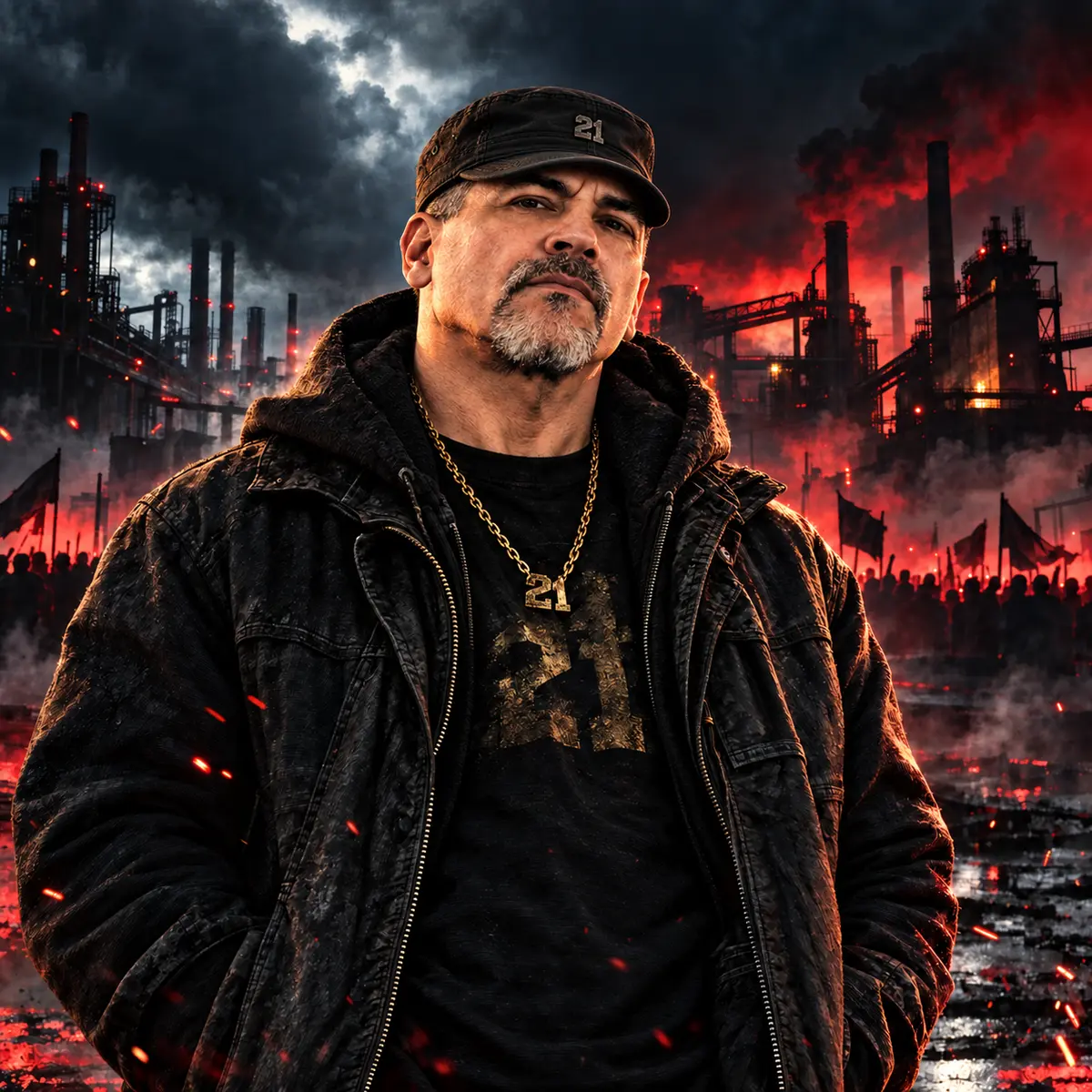 Clark standing before an industrial skyline in the original RAGE artwork